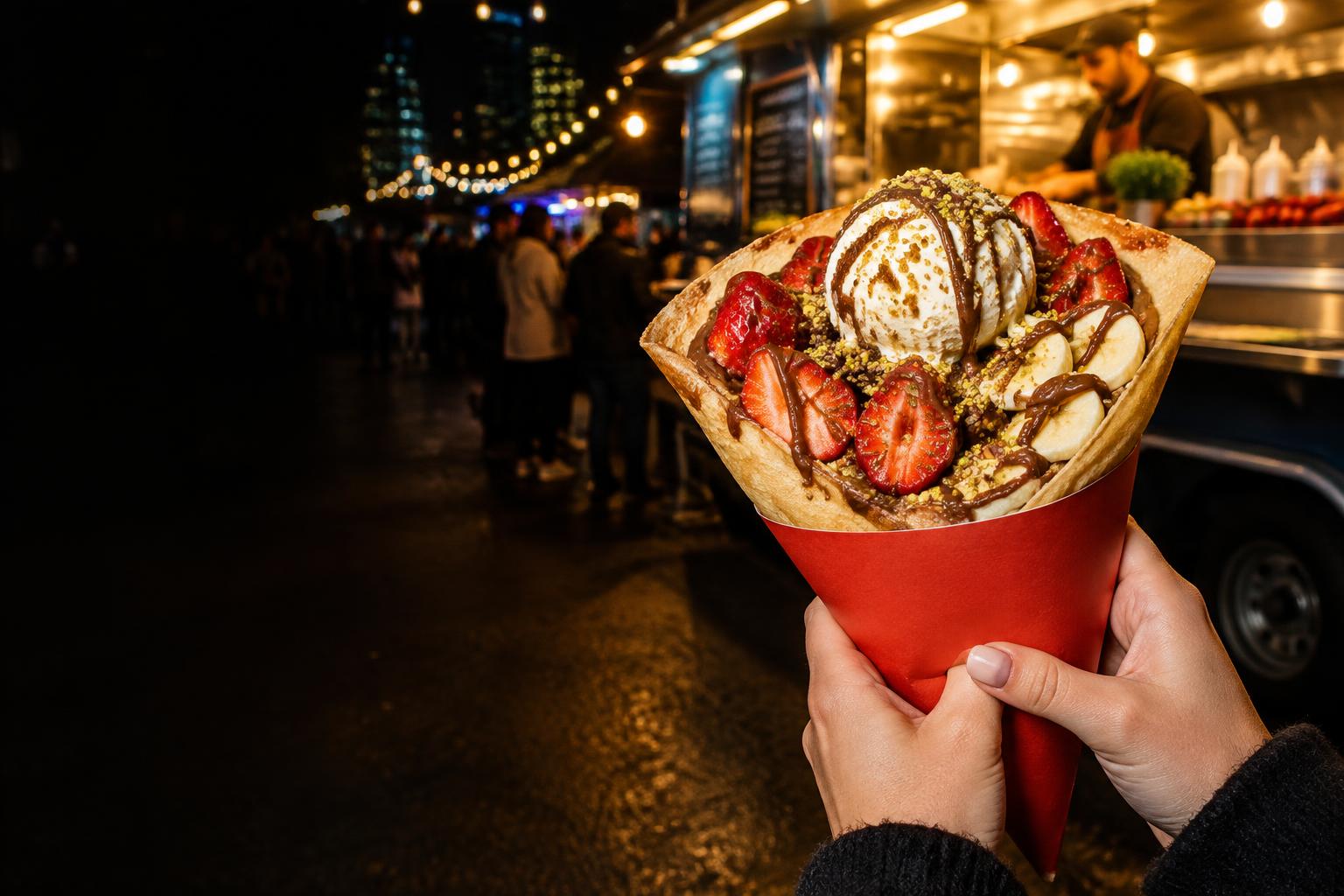 A loaded strawberry, banana and chocolate crepe at a night market